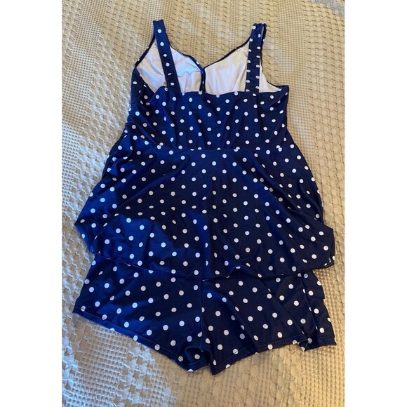 Swimsuit 2 Piece Plus 3X Modest Navy Polka Dot Rouching Separate Short Bottoms - Picture 8 of 12